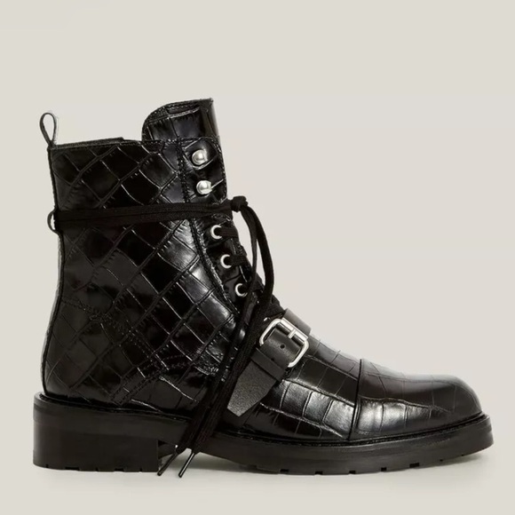 New All Saints Donita Shiny Croc Buckle Boots - Picture 1 of 7